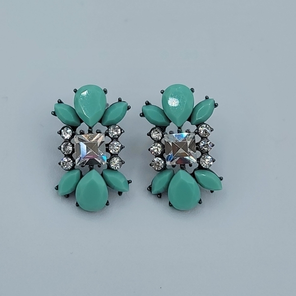 Mint Cabachon & Clear Crystal Earrings Hematite Tone Setting #1226 - Picture 4 of 11